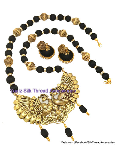 silk thread jewelry Bangle Earring Jumka-Yaalz Traditional Antique Peacock Pendant Neckset & Matching Jumka in Black Color-YAALZ
