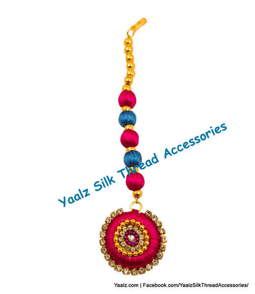 Yaalz Silk Thread Maang Tikka In Teal Blue Pink Colors