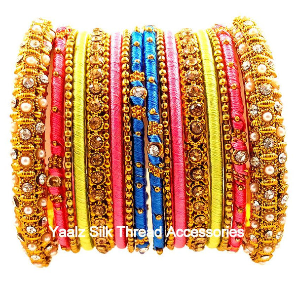 Yaalz Silk Thread Metal Partywear Bridal Bangle Set In Copper Blue Ye