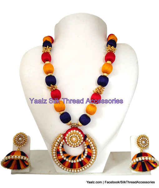 silk thread jewelry Bangle Earring Jumka-Yaalz Traditional Neckset & Matching Jumka Combo in Red, Blue And Mango Yellow Colors-YAALZ