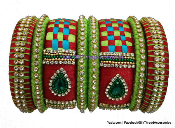 silk thread Bangle Earring Jumka-Yaalz Checker Bangles Set In Red, Parrot Green And Copper Sulphate Blue Color(s)-YAALZ