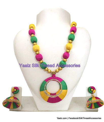silk thread jewelry Bangle Earring Jumka-Yaalz Traditional Neckset & Matching Jumka Combo in Pink, Green And Yellow Colors-YAALZ