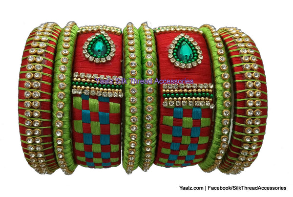 silk thread Bangle Earring Jumka-Yaalz Checker Bangles Set In Red, Parrot Green And Copper Sulphate Blue Color(s)-YAALZ