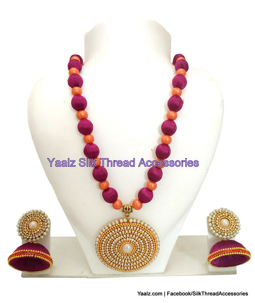silk thread jewelry Bangle Earring Jumka-Yaalz Traditional Neckset & Matching Jumka Combo in Burgundy Pink With Orange Colors-YAALZ