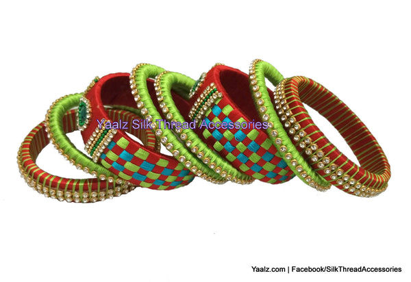 silk thread Bangle Earring Jumka-Yaalz Checker Bangles Set In Red, Parrot Green And Copper Sulphate Blue Color(s)-YAALZ