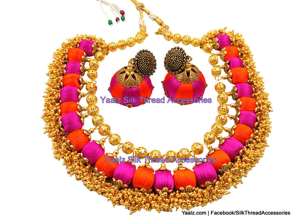 silk thread jewelry Bangle Earring Jumka-Yaalz Traditional Neckset & Matching Jumka Combo in Pink And Orange Colors-YAALZ