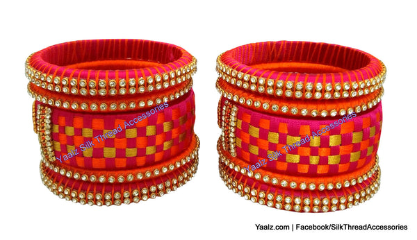 silk thread Bangle Earring Jumka-Yaalz Checker Bangles Set in Orange, Rani Pink And Gold Color(s)-YAALZ