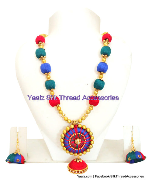 silk thread jewelry Bangle Earring Jumka-Yaalz Traditional Neckset & Matching Jumka Combo in Blue, Green & Red Colors-YAALZ