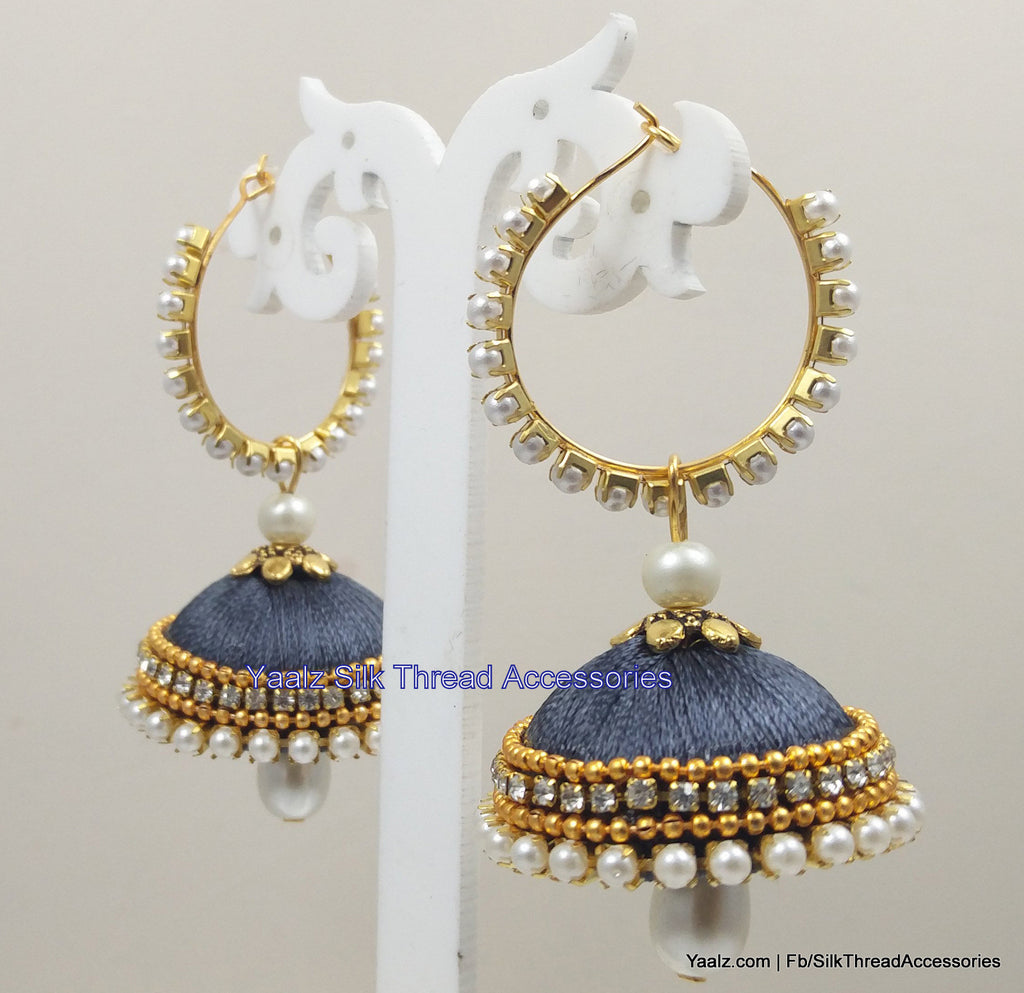 Yaalz Elegant Pearl Bali Jhumka in Dark Grey Color