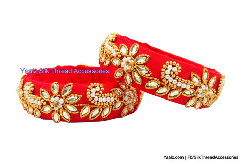 silk thread jewelry Bangle Earring Jumka-Yaalz Raw Silk Bangles Kada Pair With Pearls In Red Color-YAALZ