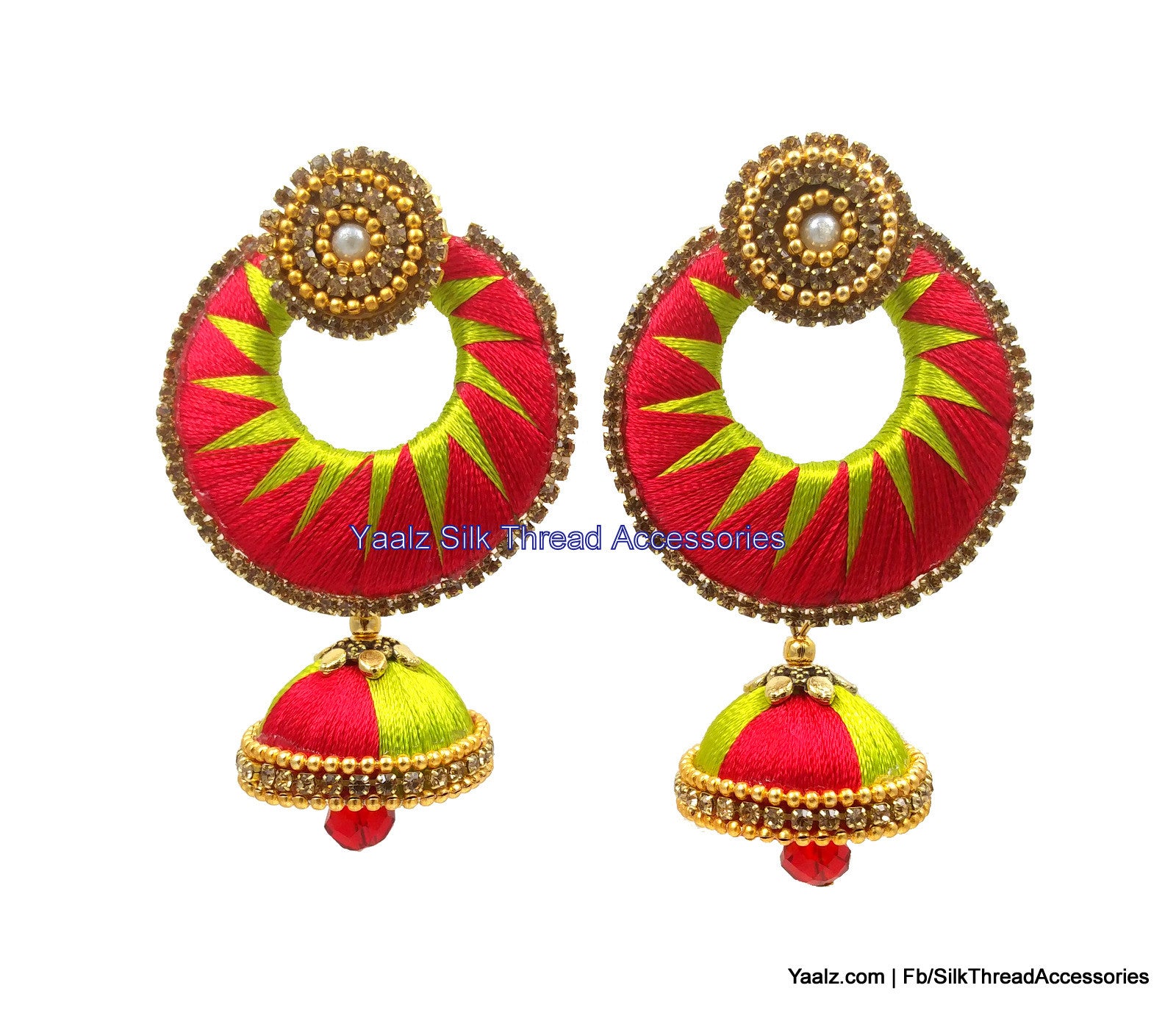 Meenakari Jhumka Earrings with Studded Stones - Red/Pink