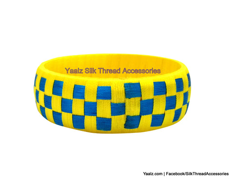 silk thread Bangle Earring Jumka-Yaalz Checker Bangles in Yellow With Copper Sulphate Blue Color(s)-YAALZ