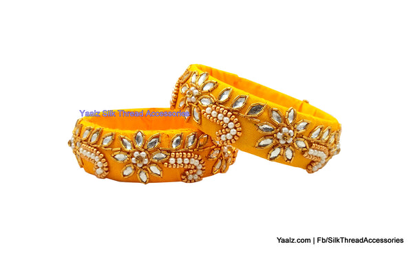 silk thread jewelry Bangle Earring Jumka-Yaalz Raw Silk Bangles Kada Pair With Pearls In Yellow Color-YAALZ