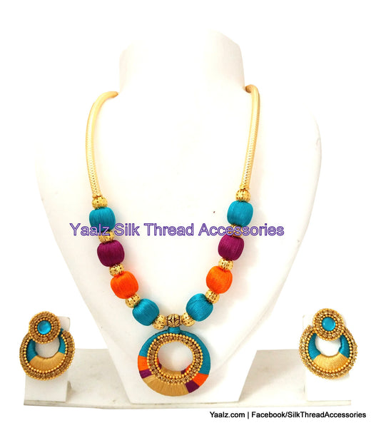 silk thread jewelry Bangle Earring Jumka-Yaalz Traditional Neckset & Matching Chand Bali Earring Combo in Turqoise, Burgundy Pink And Orange Colors-YAALZ