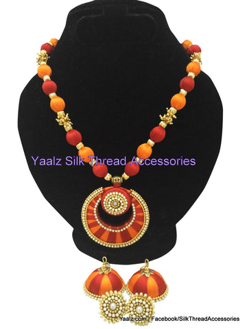 silk thread jewelry Bangle Earring Jumka-Yaalz Traditional Neckset & Matching Jumka Combo in Red With Orange Colors-YAALZ