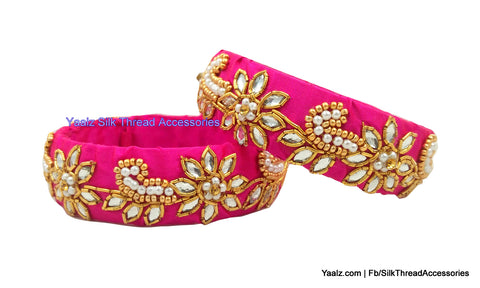 silk thread jewelry Bangle Earring Jumka-Yaalz Raw Silk Bangles Kada Pair With Pearls In Pink Color-YAALZ