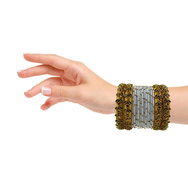 Yaalz Silk Thread Kundan Stone 16Pcs Metal Heavy Bangle Set In Multiple Colors