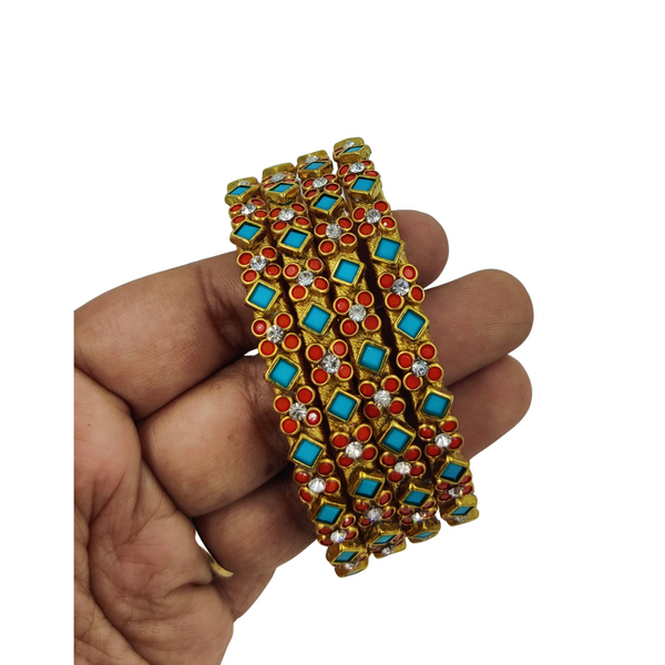 Yaalz Heavy Rich Kundan Floral Work 4pcs Bangle Sets In Multiple Colors