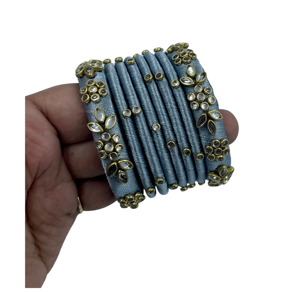 Yaalz Silk Thread Kundan Stone 8pcs Bangle Sets In Assorted Colors-Design Set 1