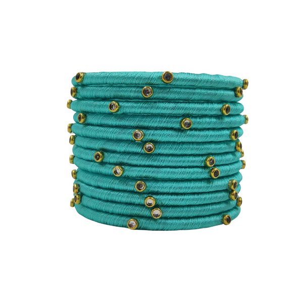 Yaalz Silk Thread Kundan Stone Weightless Dozen 2mm Thin Bangles In Assorted Colors - Colors Set 1