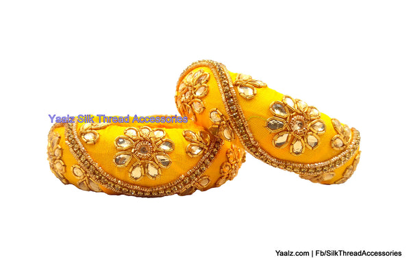 silk thread jewelry Bangle Earring Jumka-Yaalz Raw Silk Fine Finished Kada Bangles Pair In Yellow Color-YAALZ