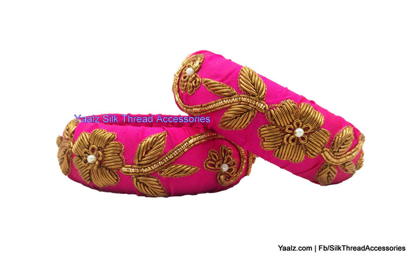 silk thread jewelry Bangle Earring Jumka-Yaalz Raw Silk Fine Finished Kada Bangles Pair With Antique Work In Pink Color-YAALZ