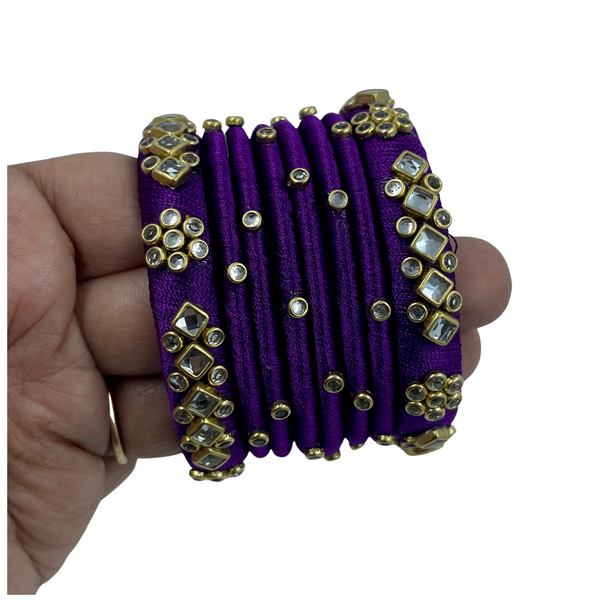 Yaalz Silk Thread Kundan Stone 8pcs Bangle Sets In Assorted Colors-Design Set 1