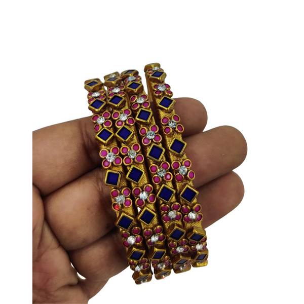 Yaalz Heavy Rich Kundan Floral Work 4pcs Bangle Sets In Multiple Colors