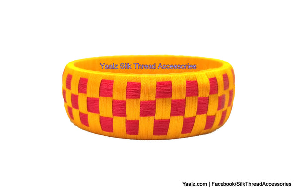 silk thread Bangle Earring Jumka-Yaalz Checker Bangles in Mango Yellow With Red Color(s)-YAALZ