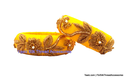 silk thread jewelry Bangle Earring Jumka-Yaalz Raw Silk Fine Finished Kada Bangles Pair With Antique Work In Yellow Color-YAALZ