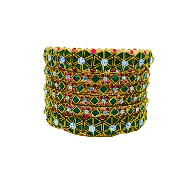 Yaalz 6Pcs Heavy Kundan Work Geometric With Floral Bangle Sets