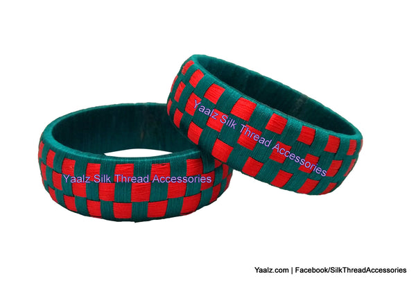 silk thread Bangle Earring Jumka-Yaalz Checker Bangles in Dark Green And Red Color(s)-YAALZ