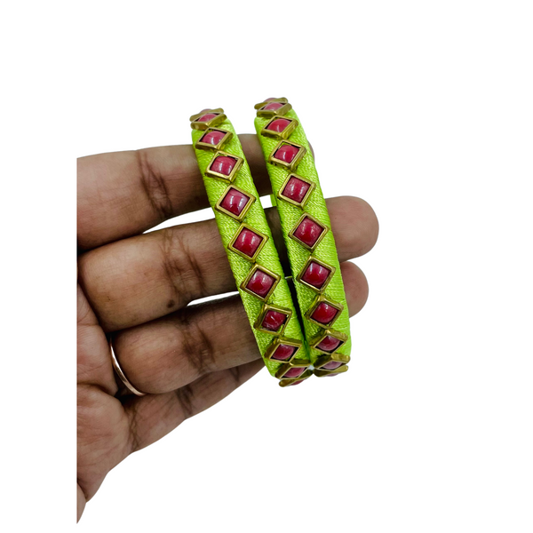 Yaalz Silk Thread Square Kundan Stone Work Pair Bangles In Multiple Colors
