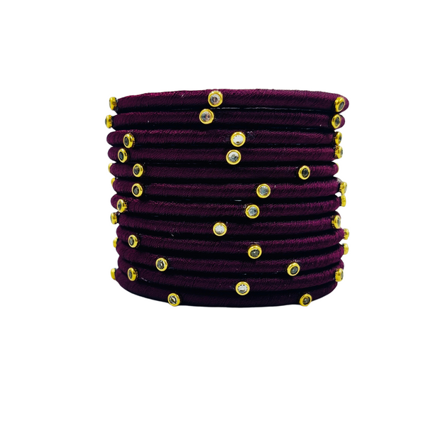 Yaalz Silk Thread Kundan Stone Weightless Dozen 2mm Thin Bangles In Assorted Colors - Colors Set 1