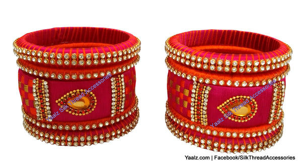 silk thread Bangle Earring Jumka-Yaalz Checker Bangles Set in Orange, Rani Pink And Gold Color(s)-YAALZ