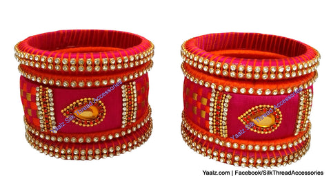 silk thread Bangle Earring Jumka-Yaalz Checker Bangles Set in Orange, Rani Pink And Gold Color(s)-YAALZ