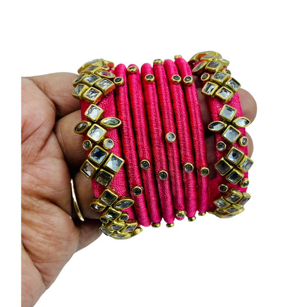 Yaalz Silk Thread Kundan Stone 8pcs Bangle Sets In Assorted Colors-Design Set 1
