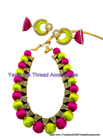 silk thread jewelry Bangle Earring Jumka-Yaalz Traditional Antique Neckset & Matching Chand Bali Jumka Combo in Green & Pink Colors-YAALZ