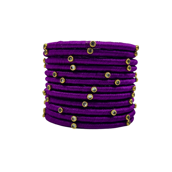 Yaalz Silk Thread Kundan Stone Weightless Dozen 2mm Thin Bangles In Assorted Colors - Colors Set 1