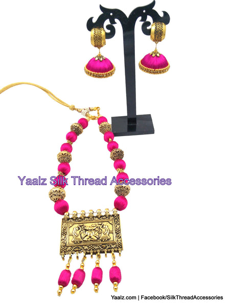 silk thread jewelry Bangle Earring Jumka-Yaalz Traditional Antique Neckset & Matching Jumka Combo in Dark Pink Color-YAALZ