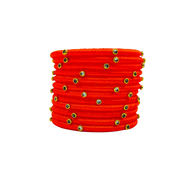 Yaalz Silk Thread Kundan Stone Weightless Dozen 2mm Thin Bangles In Assorted Colors - Colors Set 2