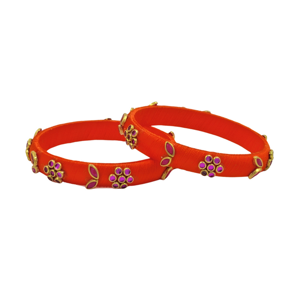 Yaalz Flower & Leaf Work Kundan Stone Work Pair Bangles In Multiple Colors - Design Set 1