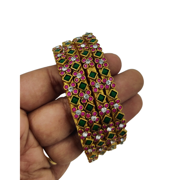 Yaalz Heavy Rich Kundan Floral Work 4pcs Bangle Sets In Multiple Colors
