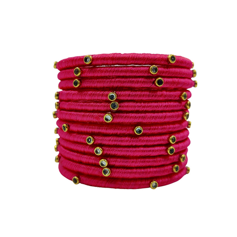 Yaalz Silk Thread Kundan Stone Weightless Dozen 2mm Thin Bangles In Assorted Colors - Colors Set 1