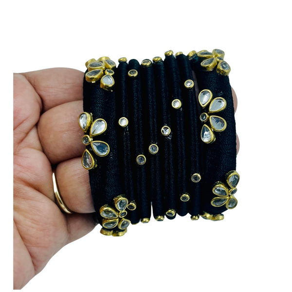 Yaalz Silk Thread Kundan Stone 8pcs Bangle Sets In Assorted Colors-Design Set 1