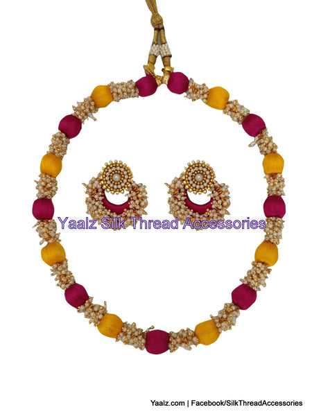 silk thread Bangle Earring Jumka-Yaalz Chain Neckset & Matching Chand Bali Earring Combo In Mango Yellow & Dark Pink Colors-YAALZ