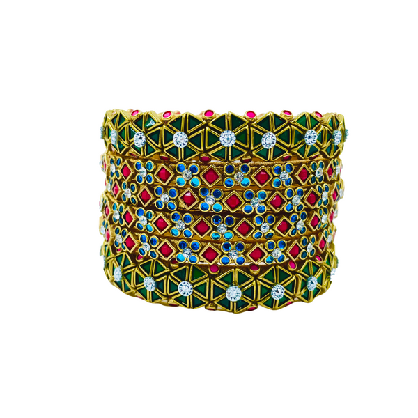 Yaalz 6Pcs Heavy Kundan Work Geometric With Floral Bangle Sets