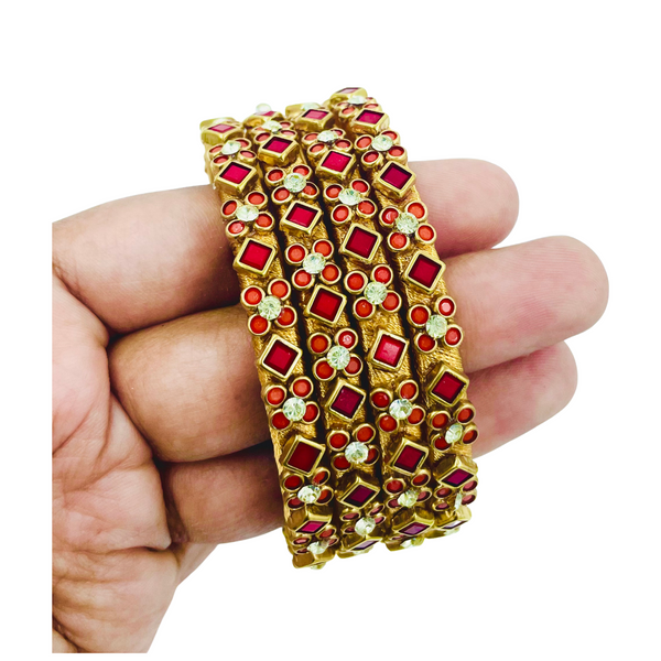 Yaalz Heavy Rich Kundan Floral Work 4pcs Bangle Sets In Multiple Colors