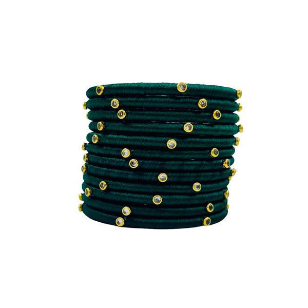 Yaalz Silk Thread Kundan Stone Weightless Dozen 2mm Thin Bangles In Assorted Colors - Colors Set 2