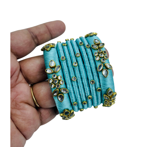 Yaalz Silk Thread Kundan Stone 8pcs Bangle Sets In Assorted Colors-Design Set 2